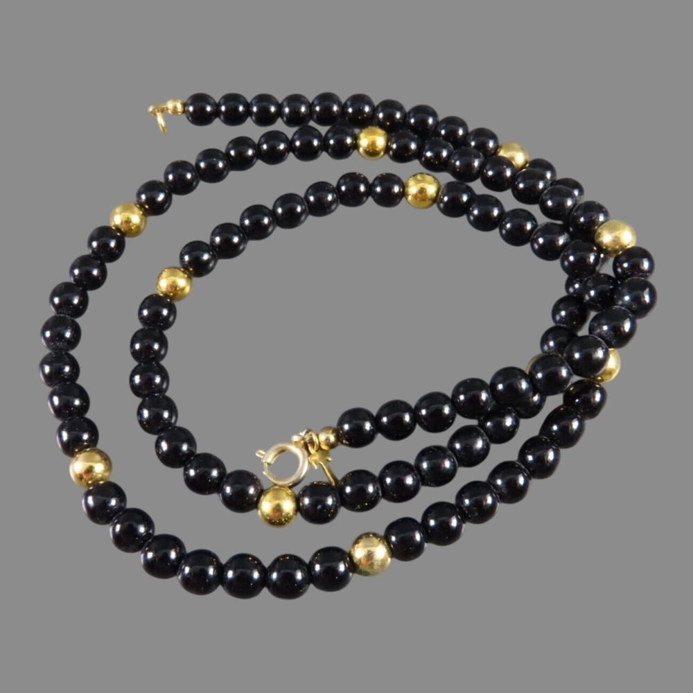 Vintage TRIFARI BEADED NECKLACE Jet Black Beads w/Gold Spacer Beads 24" LONG 6MM